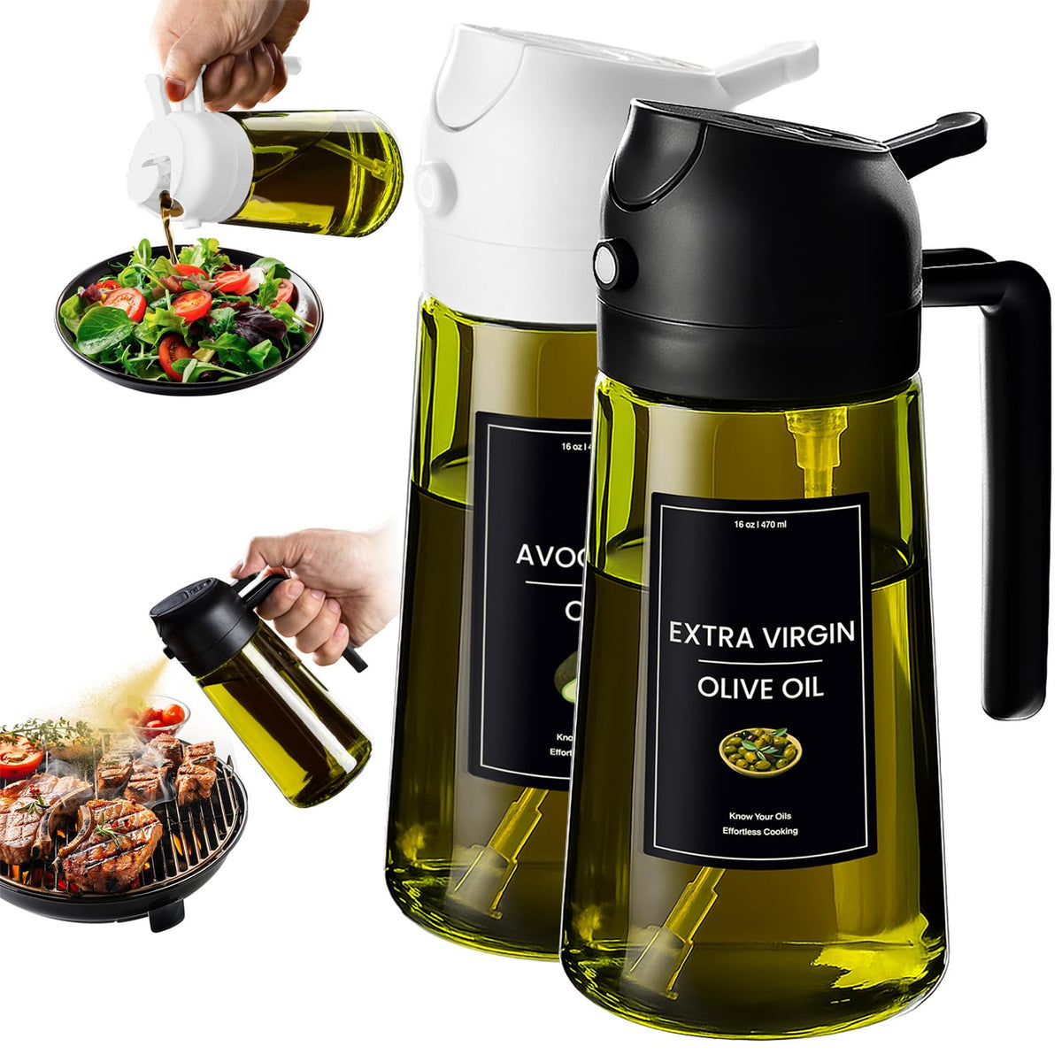 CXINYI - 16oz/470ml Olive Oil Dispenser for Kitchen with Stickers - 2 in 1 Olive Oil Sprayer for Cooking, Air Fryer, and Salad, Black&Green (Light-Proof Kitchen Gadget)