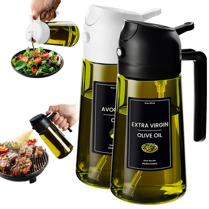 CXINYI - 16oz/470ml Olive Oil Dispenser for Kitchen with Stickers - 2 in 1 Olive Oil Sprayer for Cooking, Air Fryer, and Salad, Black&Green (Light-Proof Kitchen Gadget)