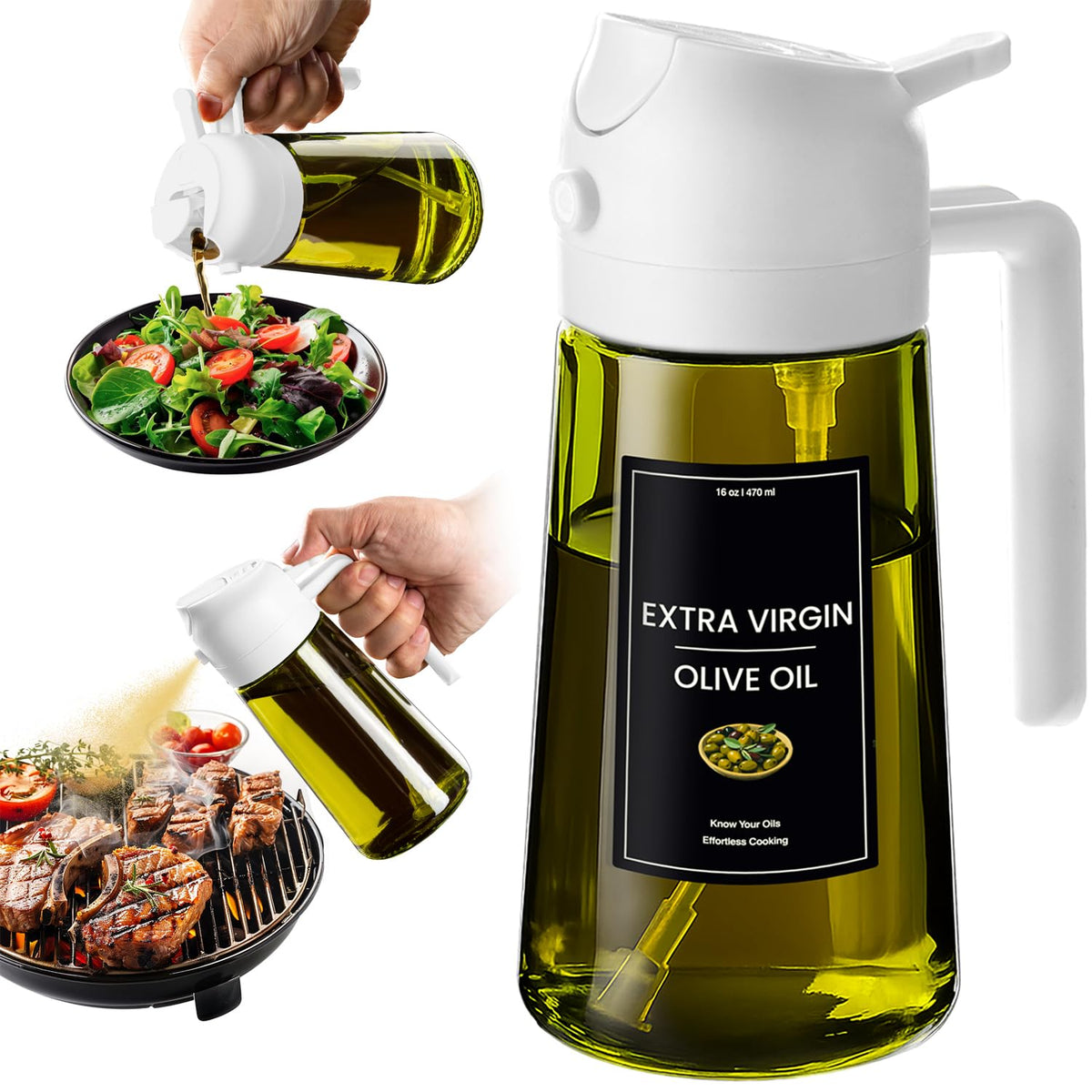 CXINYI - 16oz/470ml Olive Oil Dispenser for Kitchen with Stickers - 2 in 1 Olive Oil Sprayer for Cooking, Air Fryer, and Salad, Black&Green (Light-Proof Kitchen Gadget)