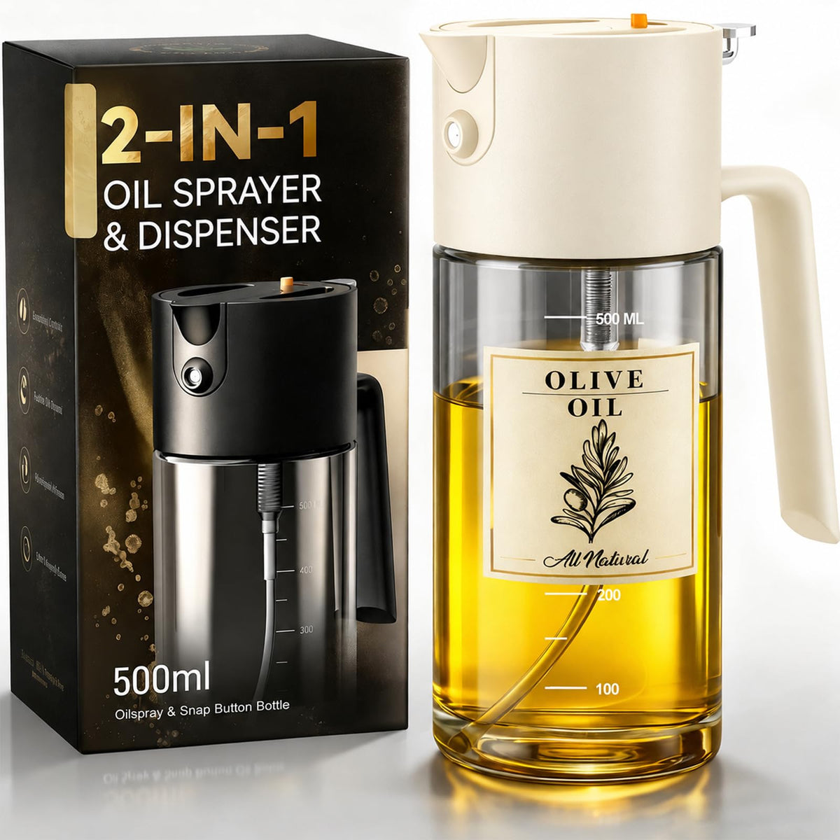 Costop Oil Sprayer for Cooking, 2025 Large Advanced Olive Oil Dispenser Bottle,500ml/17oz Glass Olive Oil Sprayer,2 in 1 Even Spray with Portion Control for Kitchen, Air Fryer, Salad, BBQ - White