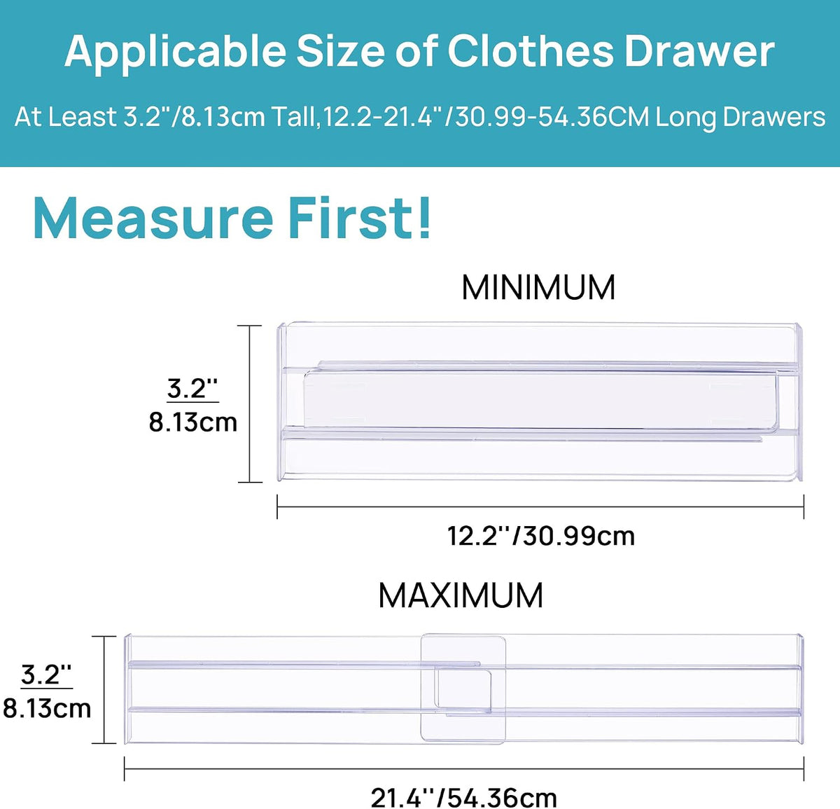 Vtopmart Drawer Dividers Organizers 8 Pack, Adjustable 3.2" High Expandable from 12.2-21.4" Kitchen Drawer Organizer, Clear Plastic Drawers Separators for Clothing, Installed by Double-sided Tape