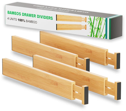 BAMEOS Bamboo Expandable Drawer Dividers – Fits 16.65"–22" Drawers, 4" Extra Deep Walls, Set of 4 | Maximum-Height Spring-Loaded Organizer for Deep Kitchen, Bathroom & Dresser Drawers