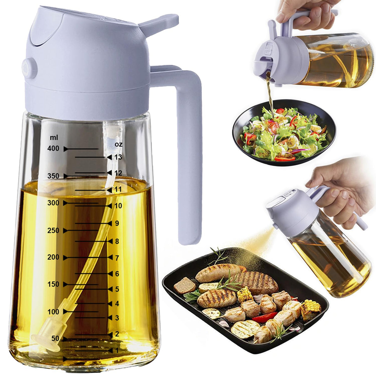 TrendPlain 16oz/470ml Glass Olive Oil Sprayer for Cooking – 2 in 1 Olive Oil Dispenser Bottle for Kitchen Gadgets and Air Fryer Accessories, Salad, BBQ - Ash