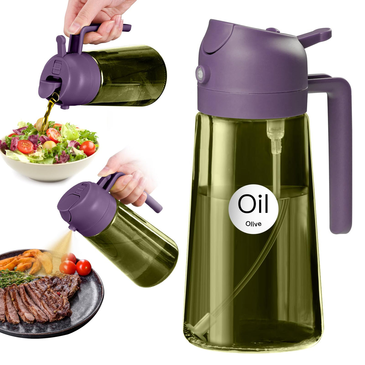 YARRAMATE 16oz/470ml Light Blocking Oil Sprayer for Cooking with Stickers, Food-Grade 2 in 1 Olive Oil Dispenser Bottle for Kitchen, Premium Dark Green Glass Oil Bottle for Air Fryer, BBQ (Green)