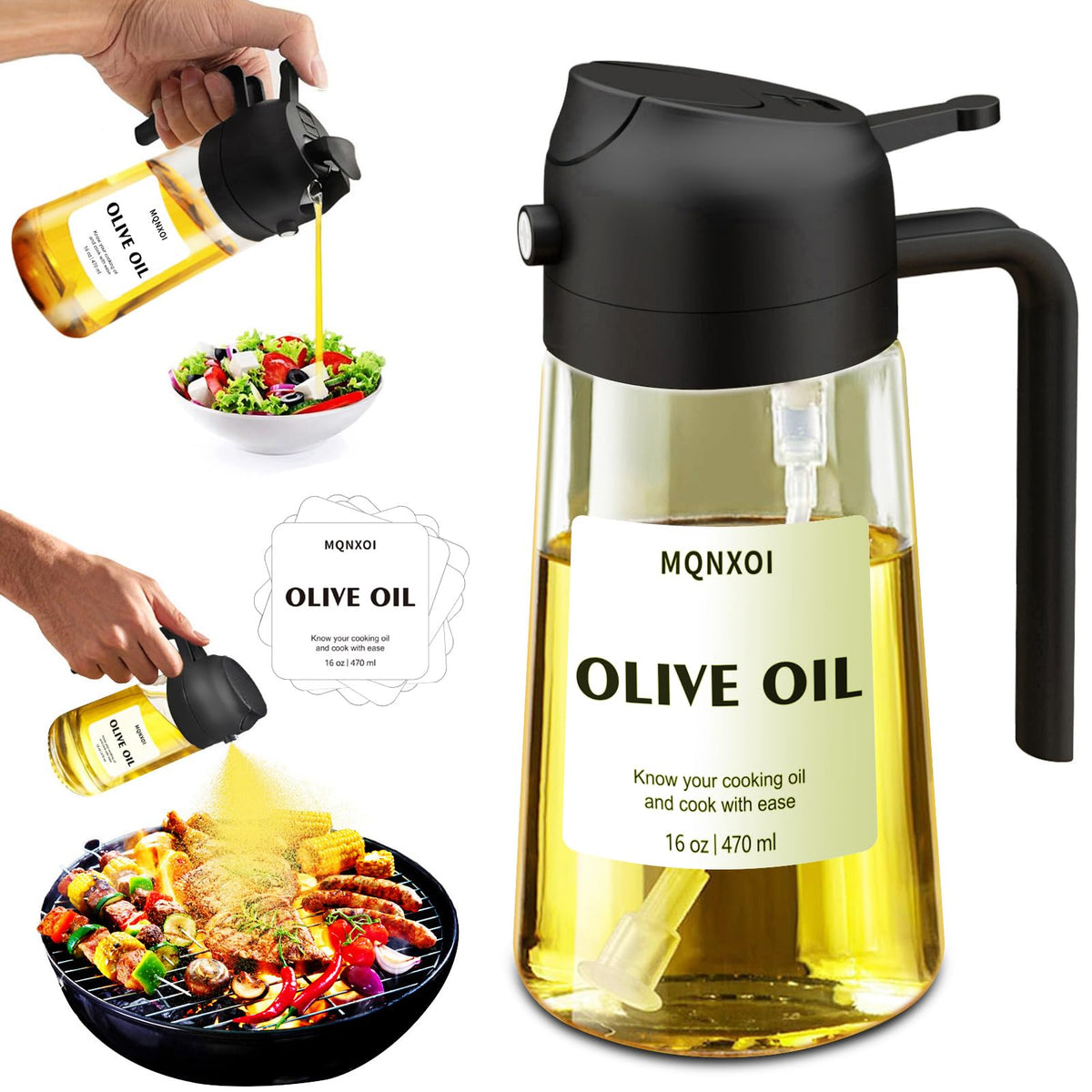 Olive Oil Sprayer for Cooking, 16oz Glass 2 in 1 Oil Dispenser Bottle