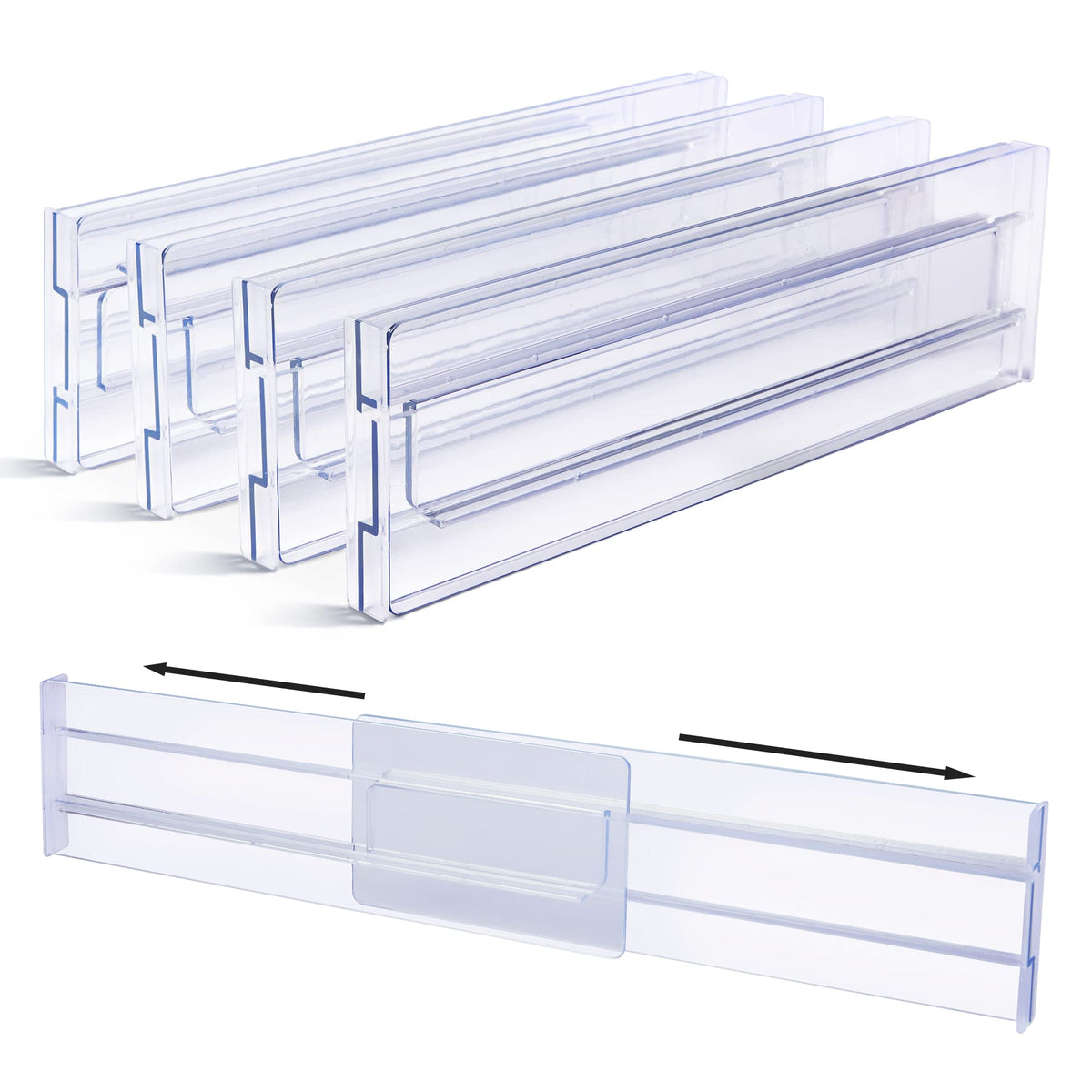 Vtopmart Drawer Dividers Organizers 8 Pack, Adjustable 3.2" High Expandable from 12.2-21.4" Kitchen Drawer Organizer, Clear Plastic Drawers Separators for Clothing, Installed by Double-sided Tape