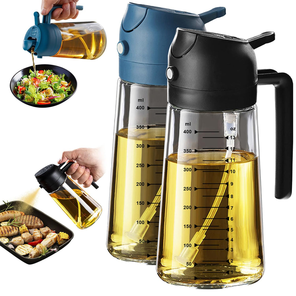 TrendPlain 16oz/470ml Glass Olive Oil Sprayer for Cooking – 2 in 1 Olive Oil Dispenser Bottle for Kitchen Gadgets and Air Fryer Accessories, Salad, BBQ - Black