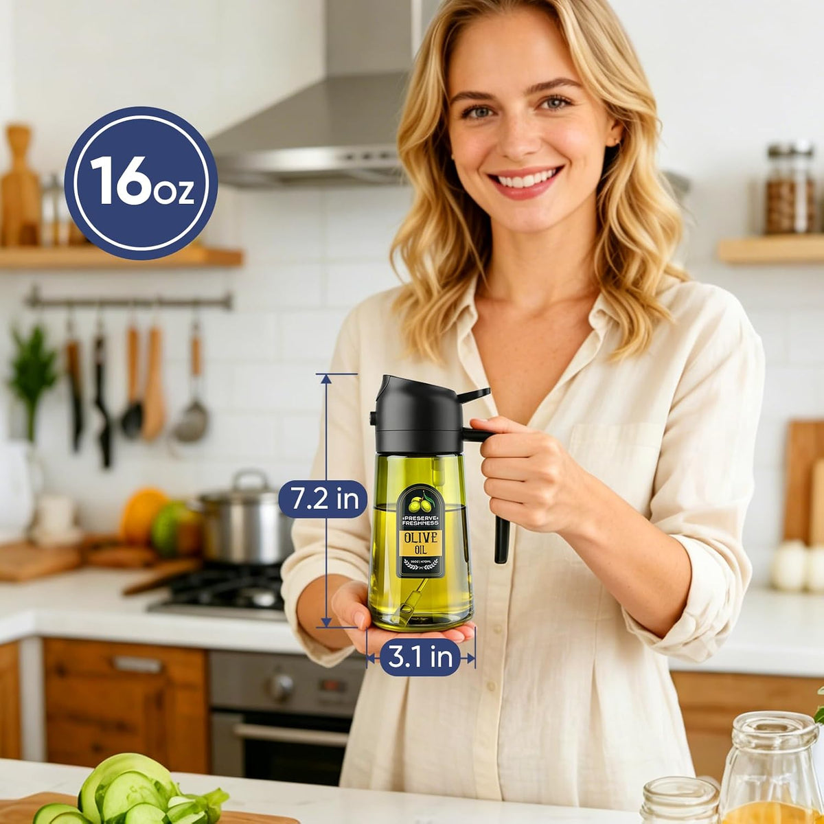 2 in 1 Olive Oil Sprayer for Cooking, 16 Oz Olive Oil Dispenser Bottle for Kitchen, Fits Air Fryers, Salads, BBQ & More