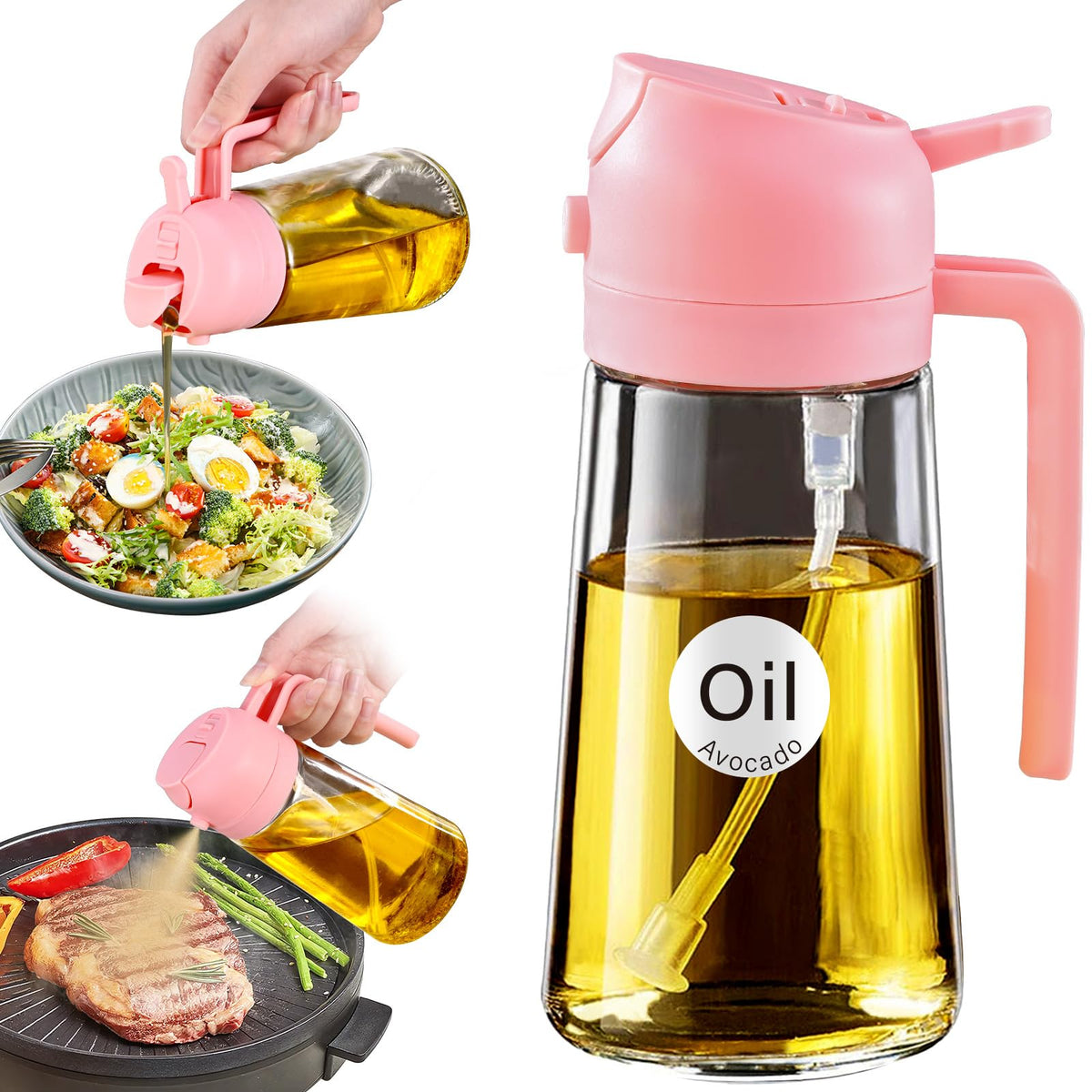 YARRAMATE 16oz/470ml Glass Olive Oil Sprayer for Cooking with Stickers, 2 in 1 Oil Dispenser for Kitchen Gadgets, Food Grade Premium Spray Bottle with Portion Control for Salad, Frying, BBQ (Green)