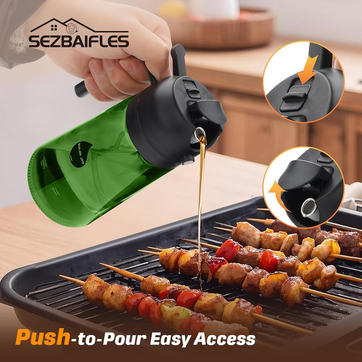 2 in 1 Oil Sprayer for Cooking, Olive Oil Dispenser Bottle for Kitchen Spray and Pour, 16oz/470ml Light-Blocking Dark Green Glass Bottle, Food-Grade Oil Mister for Air Fryer Cream Cap