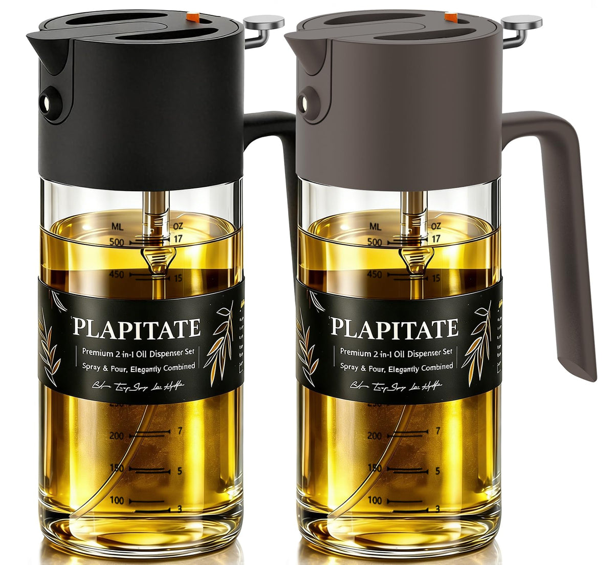 PLAPITATE 17oz/500ml Premium Olive Oil Sprayer for Cooking, 2 in 1 Glass Olive Oil Dispenser Bottle for Kitchen Gadgets, Spray Bottle with Portion Control for Salad, Frying, BBQ (Black)
