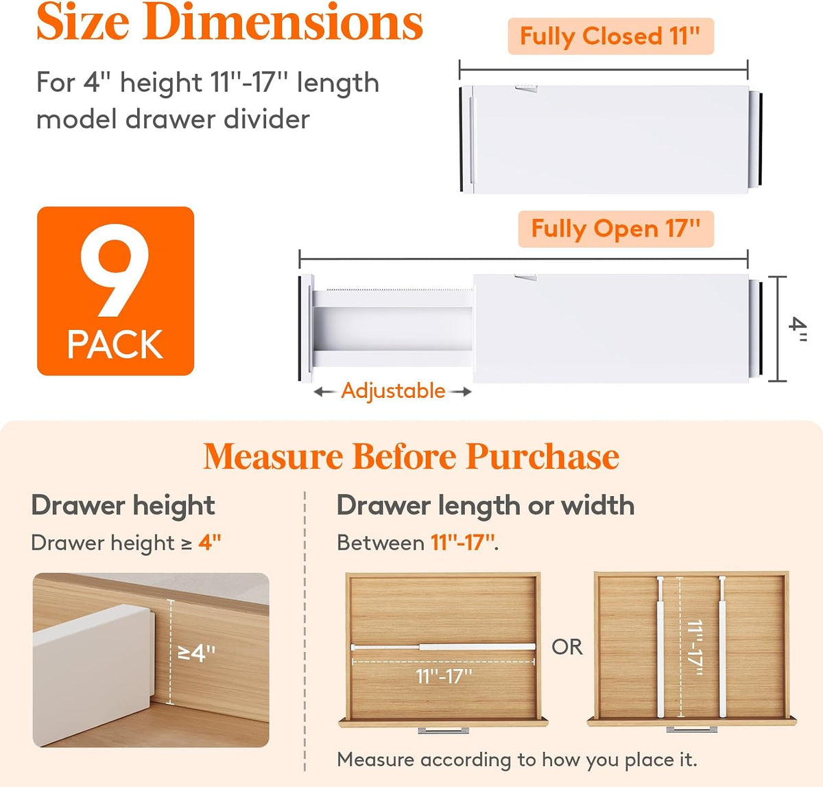Lifewit 4" High Upgrade Drawer Divider, Adjustable Drawer Organizer Clothes
