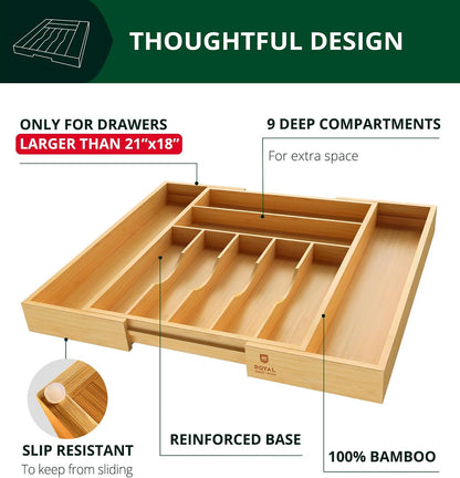 ROYAL CRAFT WOOD Luxury Bamboo Kitchen Drawer Organizer - Silverware Organizer, Utensil Holder & Cutlery Tray Drawer Dividers for Flatware (9 Slot, Natural)