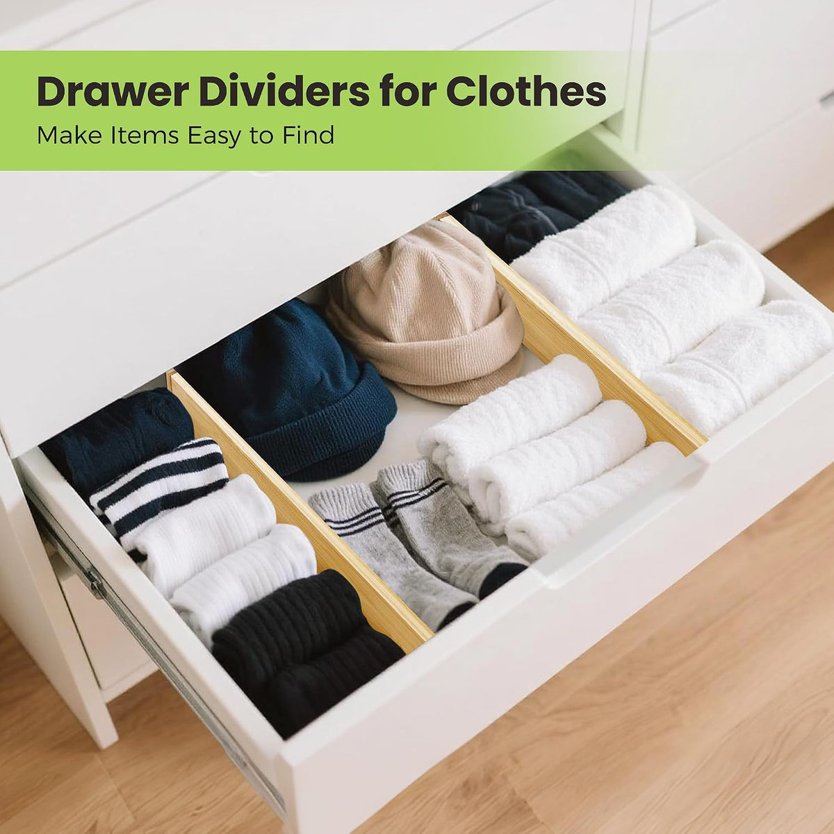 Fyvva Drawer Organizer, Spring-Loaded Expandable Bamboo Dividers 8-Pack