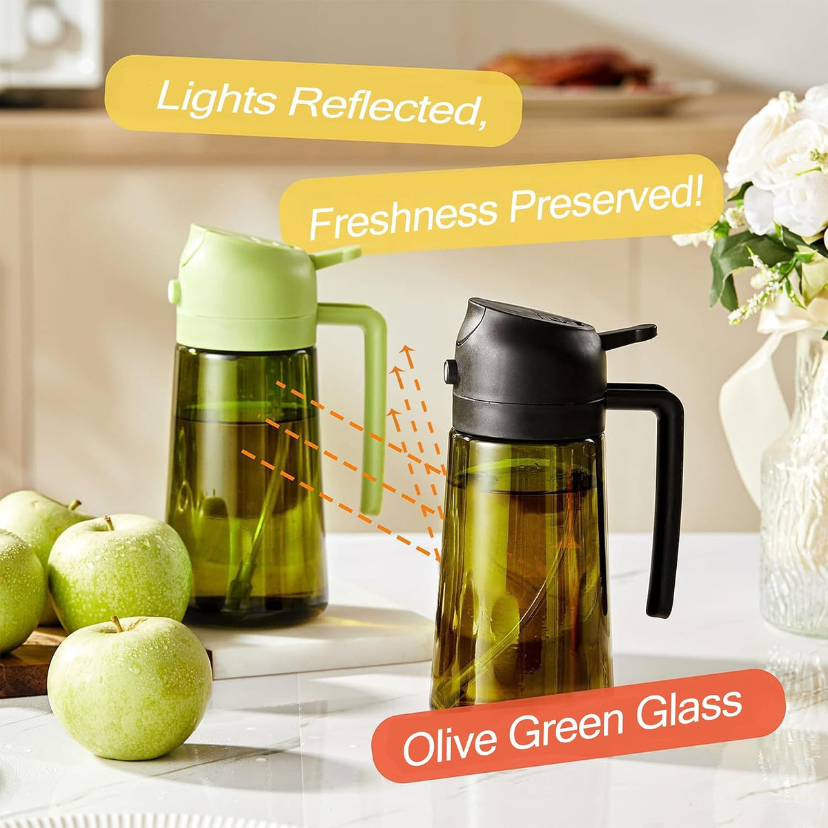 Oil Sprayer and Dispenser for Cooking- 2 x 16 oz Pack, Olive Green Glass to Preserve Fresh Oil, Suitable for Air Fryer, Roasting, Grilling, Barbecue, and Salad. (Black, Green)