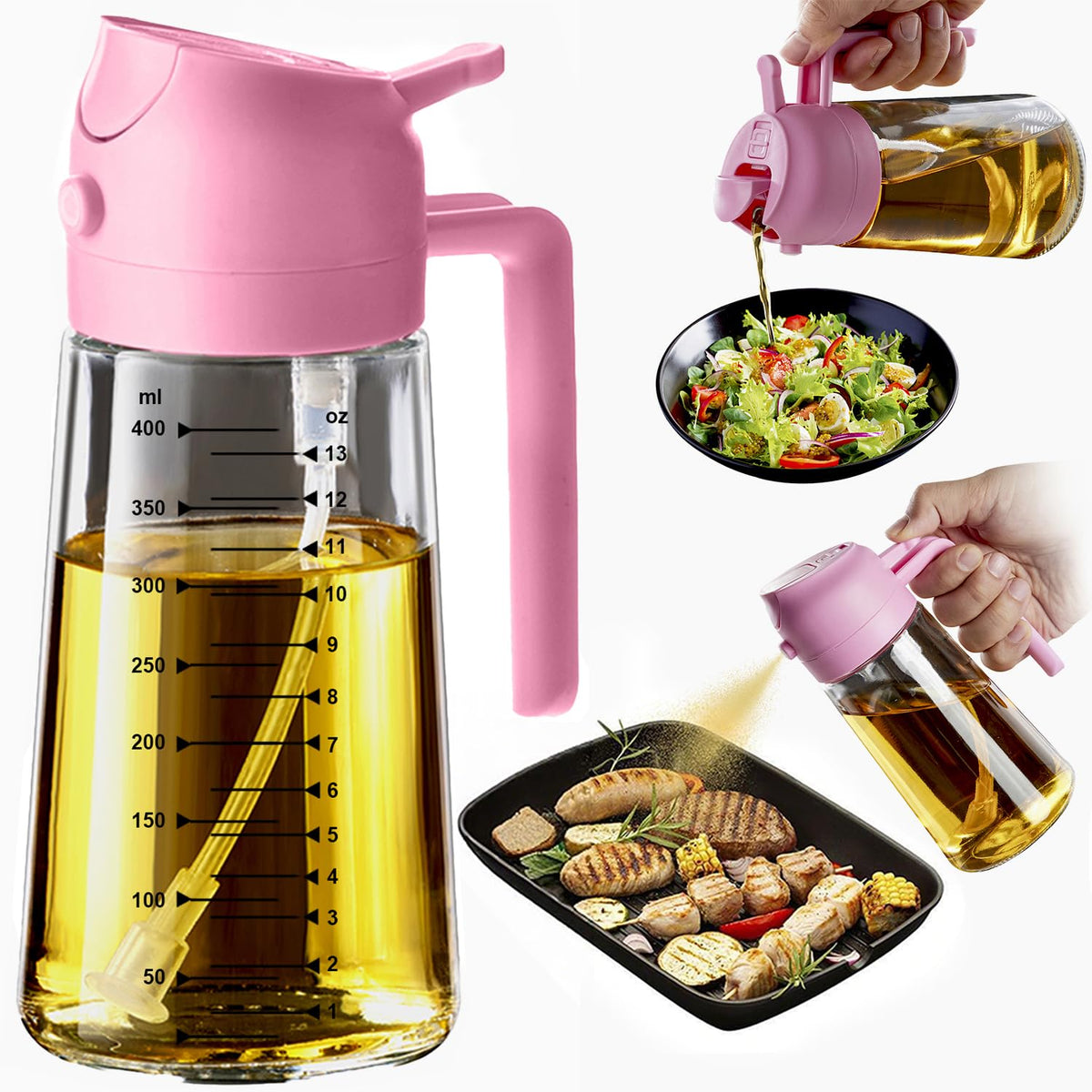 TrendPlain 16oz/470ml Glass Olive Oil Sprayer for Cooking – 2 in 1 Olive Oil Dispenser Bottle for Kitchen Gadgets and Air Fryer Accessories, Salad, BBQ - Ash
