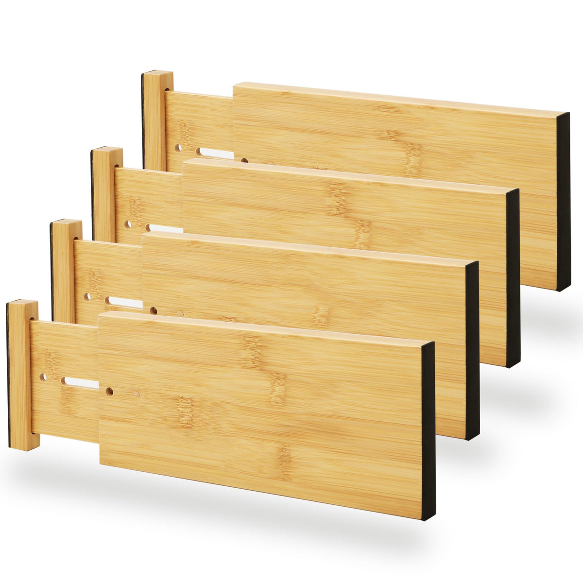 BAMEOS Bamboo Expandable Drawer Dividers – Fits 16.65"–22" Drawers, 4" Extra Deep Walls, Set of 4 | Maximum-Height Spring-Loaded Organizer for Deep Kitchen, Bathroom & Dresser Drawers