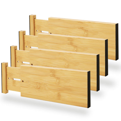 BAMEOS Bamboo Expandable Drawer Dividers – Fits 16.65"–22" Drawers, 4" Extra Deep Walls, Set of 4 | Maximum-Height Spring-Loaded Organizer for Deep Kitchen, Bathroom & Dresser Drawers