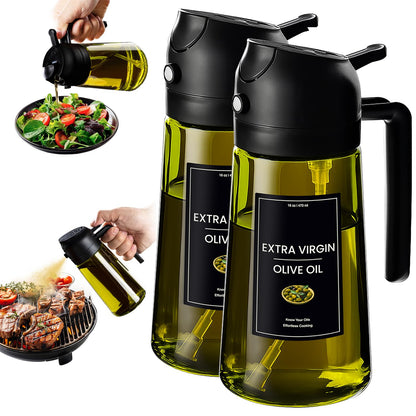 CXINYI - 16oz/470ml Olive Oil Dispenser for Kitchen with Stickers - 2 in 1 Olive Oil Sprayer for Cooking, Air Fryer, and Salad, Black&Green (Light-Proof Kitchen Gadget)