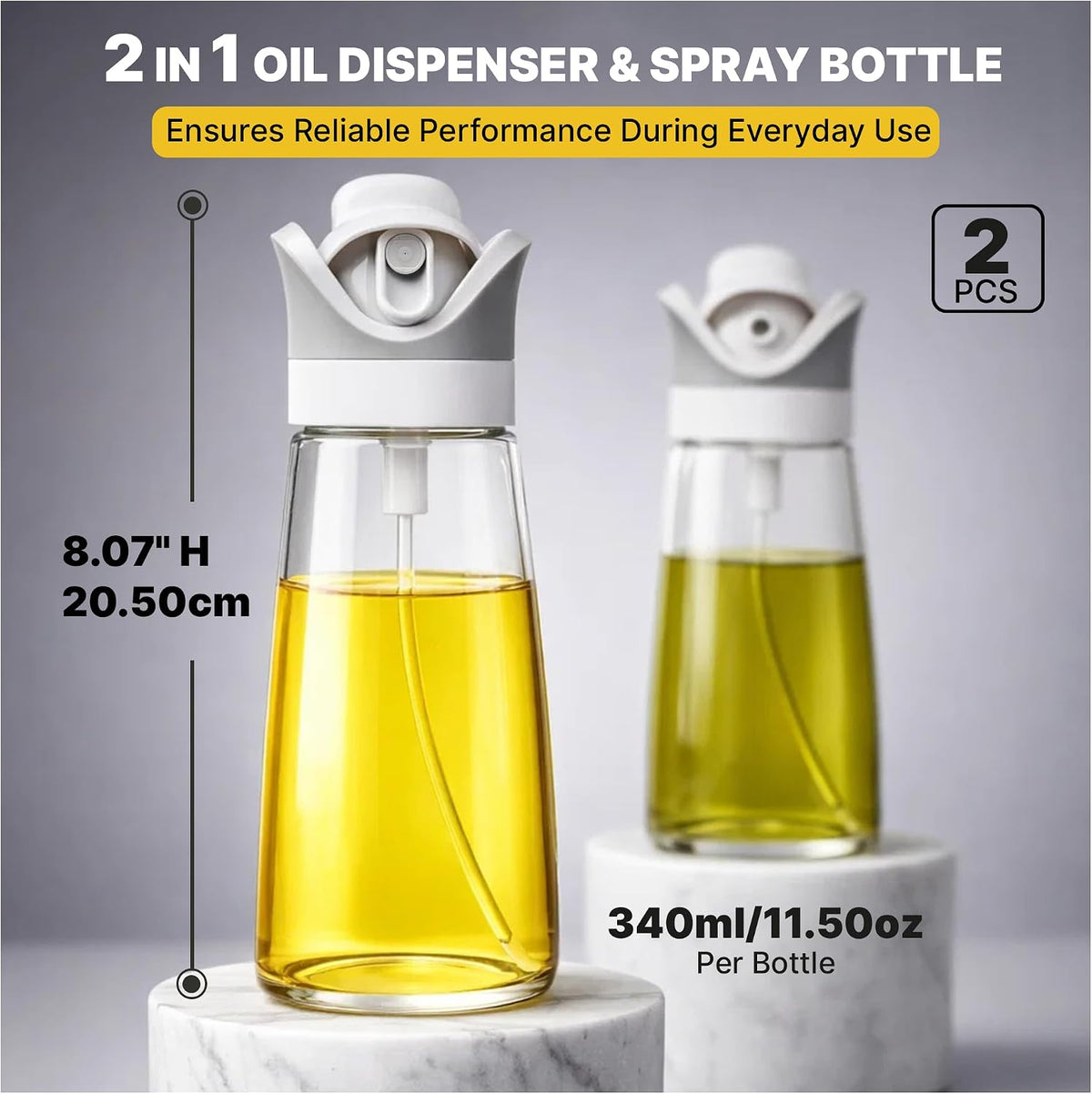2 In 1 Oil Dispenser And Spray Bottles, Two pack 11.5 Oz Bottles, Glass Olive Oil Sprayer For Cooking, Baking, Air Fryer, Salad And BBQ, Controlled Pour And Spray