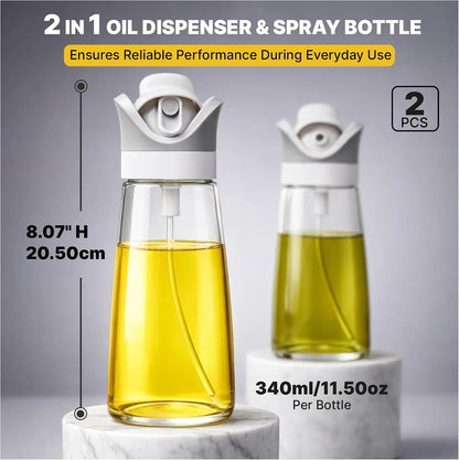 2 In 1 Oil Dispenser And Spray Bottles, Two pack 11.5 Oz Bottles, Glass Olive Oil Sprayer For Cooking, Baking, Air Fryer, Salad And BBQ, Controlled Pour And Spray