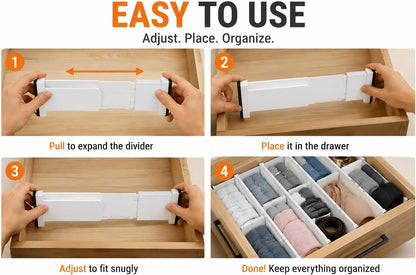 Drawer Dividers Organizer, 6 Pack, Adjustable 28-43 cm, White