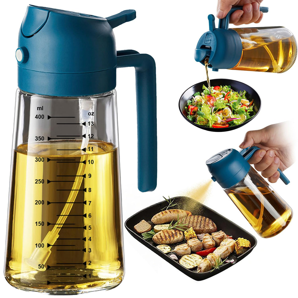 TrendPlain 16oz/470ml Glass Olive Oil Sprayer for Cooking – 2 in 1 Olive Oil Dispenser Bottle for Kitchen Gadgets and Air Fryer Accessories, Salad, BBQ - Ash