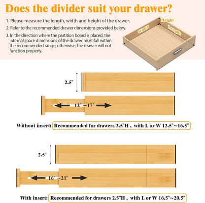 Bamboo Drawer Dividers, 12-21 Inch Kitchen Adjustable Drawer Organizers