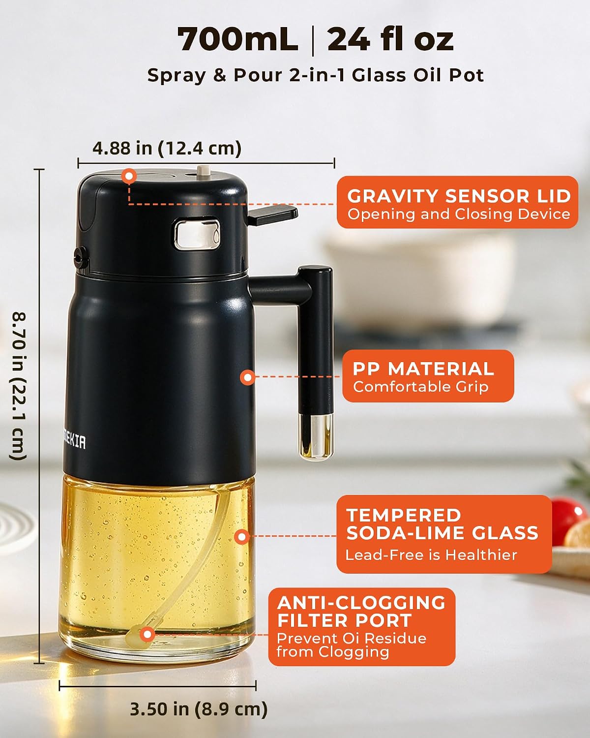 23.7oz /700ML Glass Olive Oil Sprayer for Cooking, 2-in-1 Oil Dispenser Bottle for Kitchen, Air Fryer, Salad, BBQ, Food Grade Spray Bottle with Portion Control