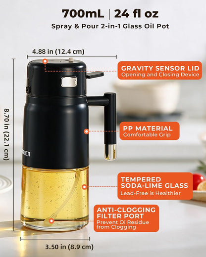 23.7oz /700ML Glass Olive Oil Sprayer for Cooking, 2-in-1 Oil Dispenser Bottle for Kitchen, Air Fryer, Salad, BBQ, Food Grade Spray Bottle with Portion Control