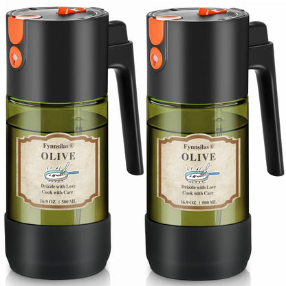 2-IN-1 Oil Sprayer for Cooking with 8 Stickers Light-Blocking Dark Glass Olive Oil Dispenser Bottle for Kitchen 500ml/16.9oz Oil Mister for Air Fryer, BBQ,Salad Even Spray with Portion Control-2PC