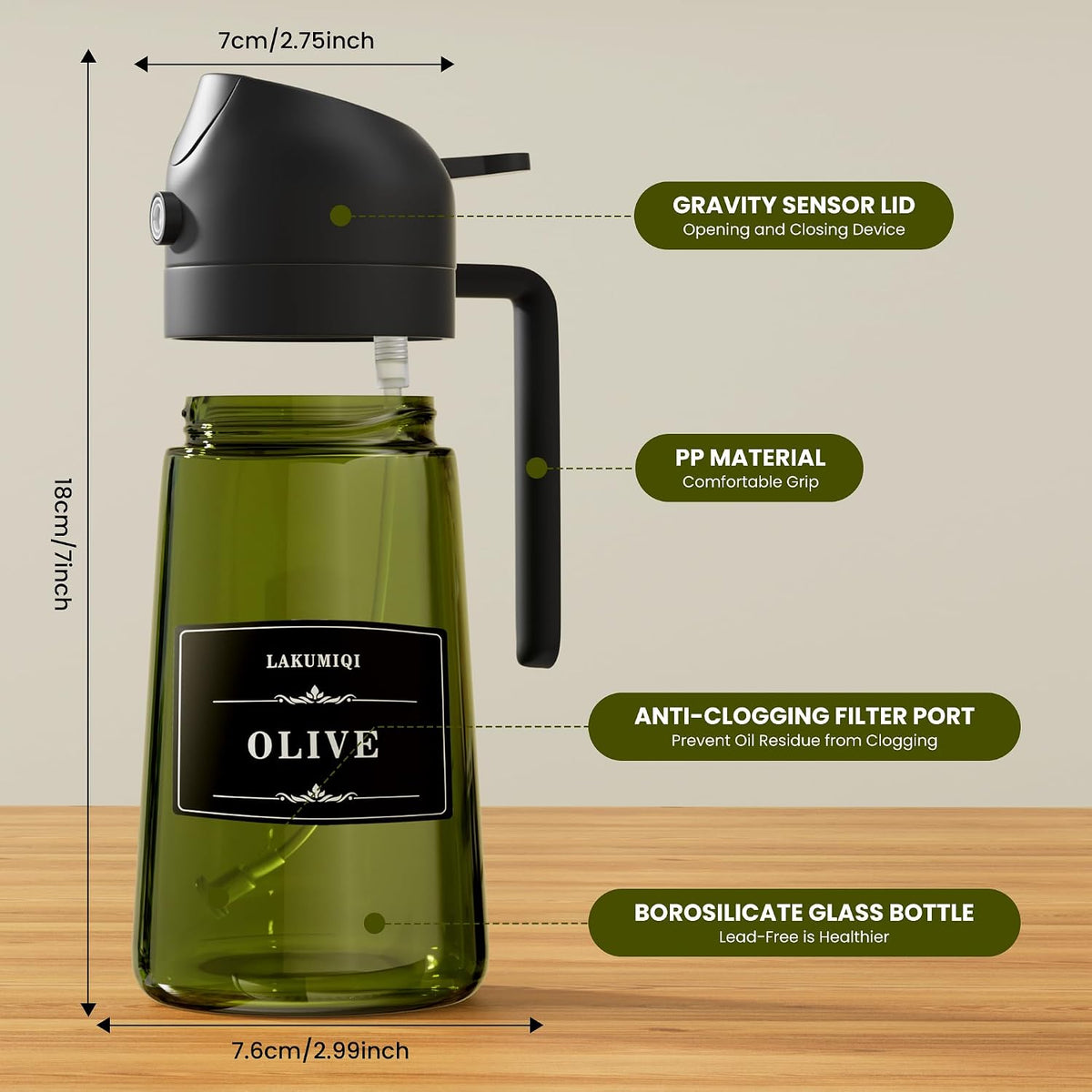 Oliver Oil Sprayer Dispenser for Cooking Bottle 16oz Green Glass Black