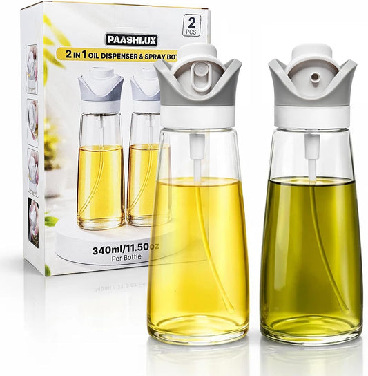 2 In 1 Oil Dispenser And Spray Bottles, Two pack 11.5 Oz Bottles, Glass Olive Oil Sprayer For Cooking, Baking, Air Fryer, Salad And BBQ, Controlled Pour And Spray