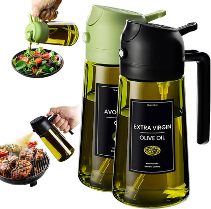 CXINYI - 16oz/470ml Olive Oil Dispenser for Kitchen with Stickers - 2 in 1 Olive Oil Sprayer for Cooking, Air Fryer, and Salad, Black&Green (Light-Proof Kitchen Gadget)