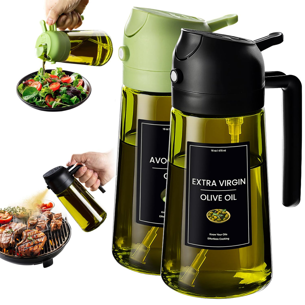 CXINYI - 16oz/470ml Olive Oil Dispenser for Kitchen with Stickers - 2 in 1 Olive Oil Sprayer for Cooking, Air Fryer, and Salad, Black&Green (Light-Proof Kitchen Gadget)
