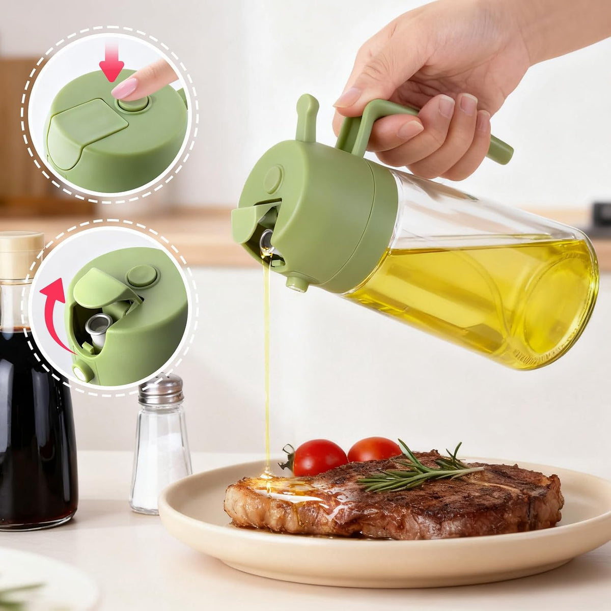 2Pcs Glass Oil Sprayer for Cooking 16oz/470ml, Kitchen Gadget for Air Fryer, Salad, BBQ, Frying（White） (Black+Green)
