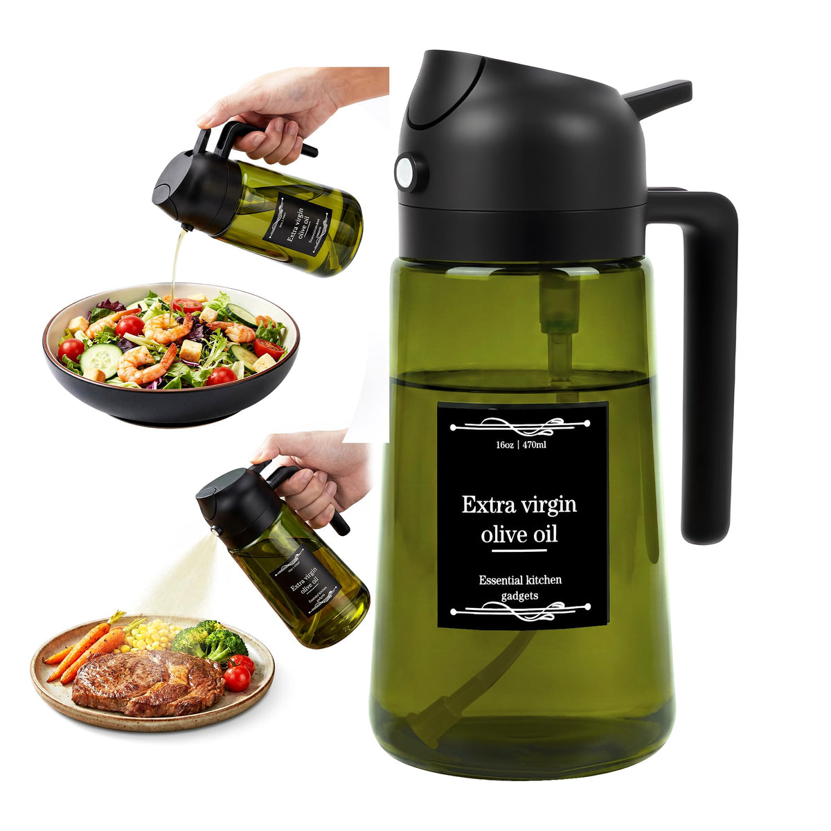 Oil Dispenser Glass Bottle, 16oz/470ml, 2-in-1 Oil Sprayer and Pourer, Clear Glass with Light-Blocking Dark Exterior Coating, for Cooking, Air Fryer, Salad, BBQ (Green)