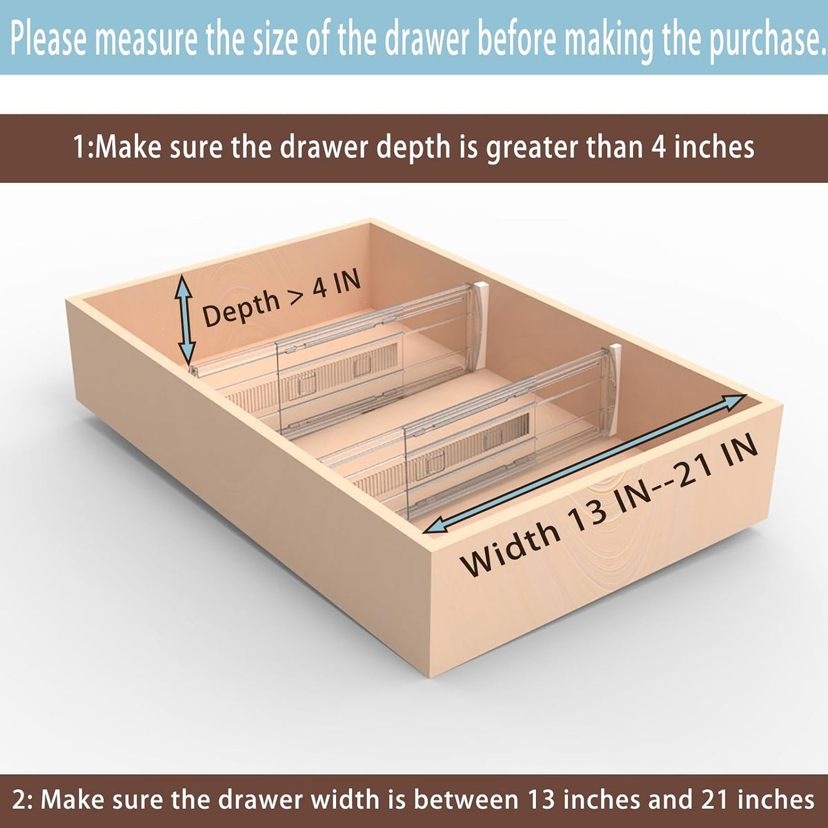 6 Pack Adjustable Drawer Dividers for Clothes,4" High Expandable From 13-21" Clear Drawer Organizers, PC Plastic Separators for Dresser/Bedroom/Bathroom/Kitchen/Office Storage