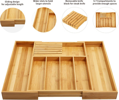 VaeFae Bamboo Silverware Drawer Organizer, 7 Slots, Natural