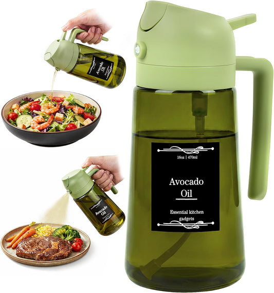 Oil Dispenser Glass Bottle, 16oz/470ml, 2-in-1 Oil Sprayer and Pourer, Clear Glass with Light-Blocking Dark Exterior Coating, for Cooking, Air Fryer, Salad, BBQ (Green)