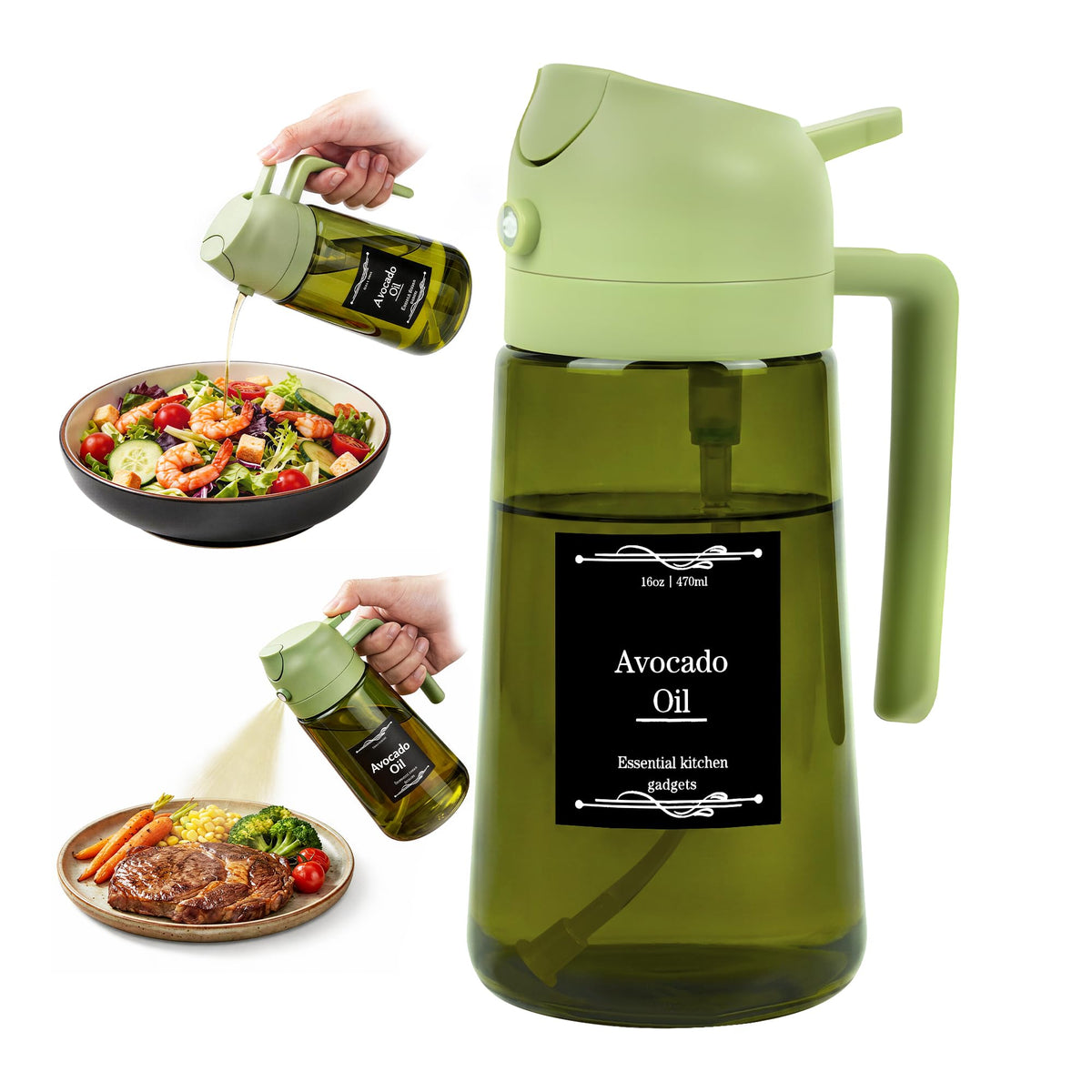 Oil Dispenser Glass Bottle, 16oz/470ml, 2-in-1 Oil Sprayer and Pourer, Clear Glass with Light-Blocking Dark Exterior Coating, for Cooking, Air Fryer, Salad, BBQ (Green)