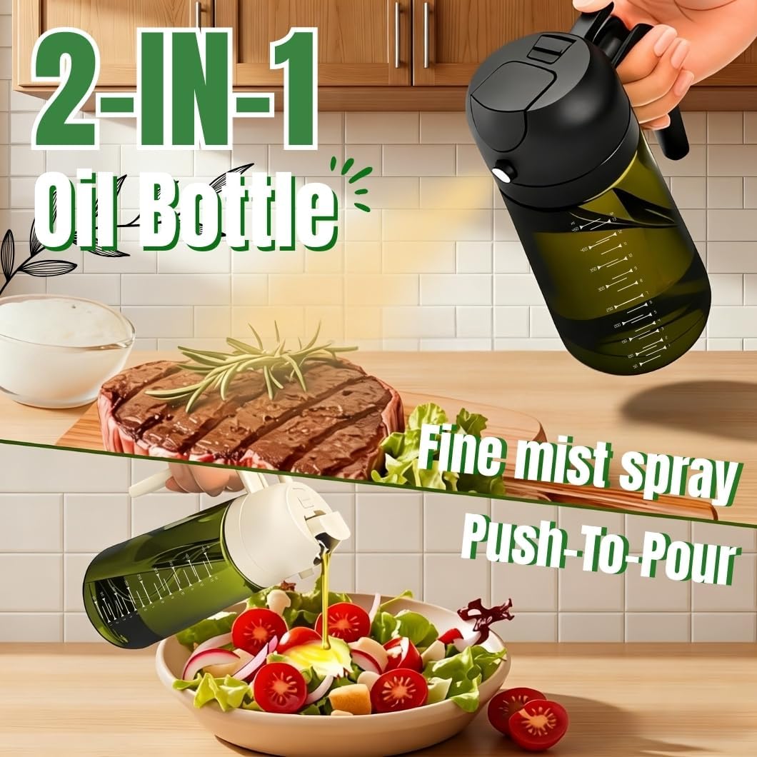 2 in 1 Olive Oil Sprayer and Dispenser, 16oz Glass Oil Spray Bottle with Measurement Marks, grilling spray bottle, Light Blockage Dark Oil Sprayer 2 Pack for Air Fryer, Salad, Cooking, BBQ