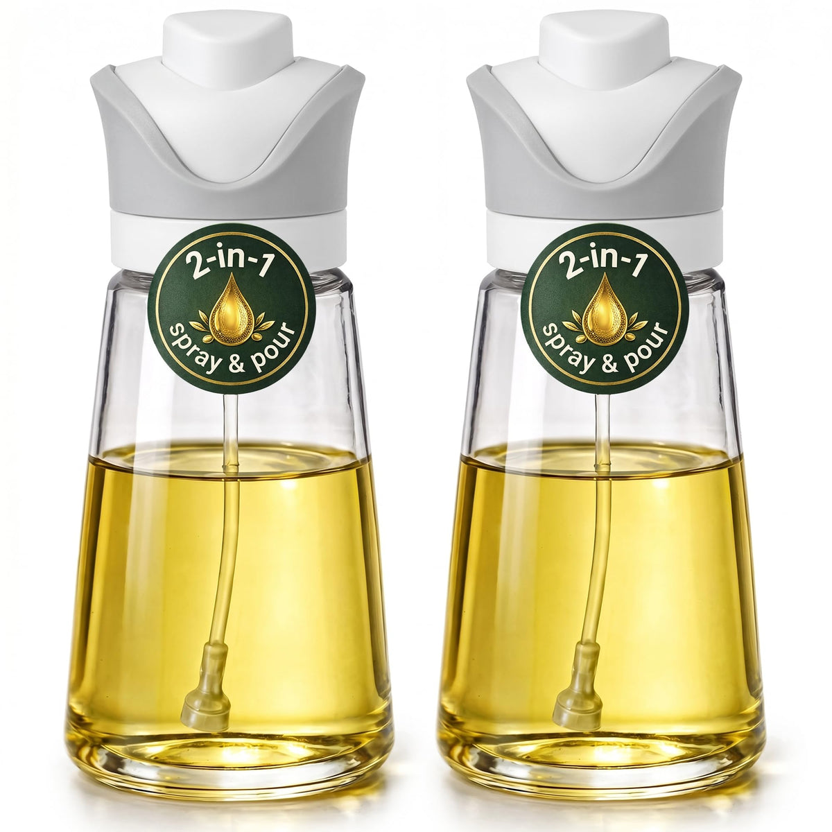 Olive Oil Dispenser for Kitchen | 2-in-1 Pour and Spray | 7.7 oz / 230 ml | Glass Olive Oil Sprayer for Cooking, Airfryer, Salad & BBQ | Set of 2 Bottles, Green