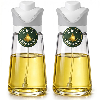 Olive Oil Dispenser for Kitchen | 2-in-1 Pour and Spray | 7.7 oz / 230 ml | Glass Olive Oil Sprayer for Cooking, Airfryer, Salad & BBQ | Set of 2 Bottles, Green