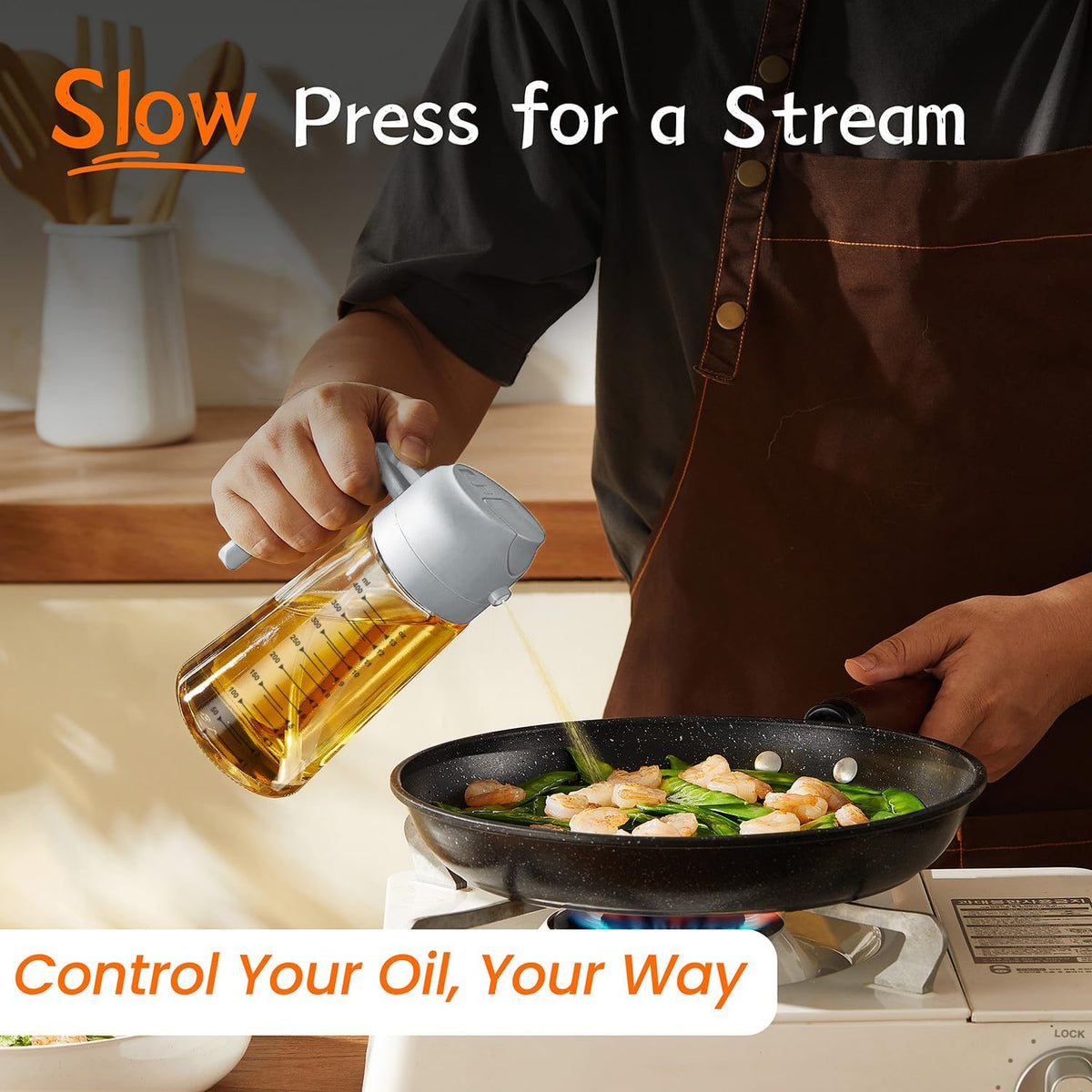 TrendPlain 16oz/470ml Glass Olive Oil Sprayer for Cooking – 2 in 1 Olive Oil Dispenser Bottle for Kitchen Gadgets and Air Fryer Accessories, Salad, BBQ - Ash