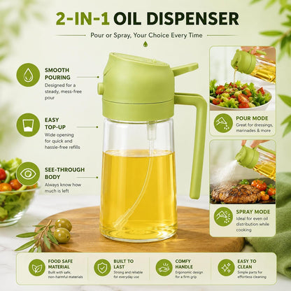 17oz/500ml Plastic Olive Oil Sprayer for Cooking, 2 in 1 Oil Dispenser Bottle Spray & Pour, BPA-Free Oil Mister for Air Fryer, Salad Dressing, BBQ & Kitchen