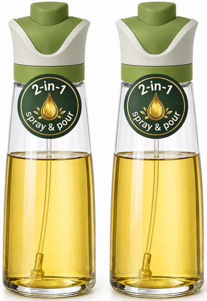 Olive Oil Dispenser for Kitchen 2-in-1 Pour and Spray | 11.5 oz / 340 ml | Glass Olive Oil Sprayer for Cooking, Airfryer, Salad & BBQ | Set of 2 Bottles, White