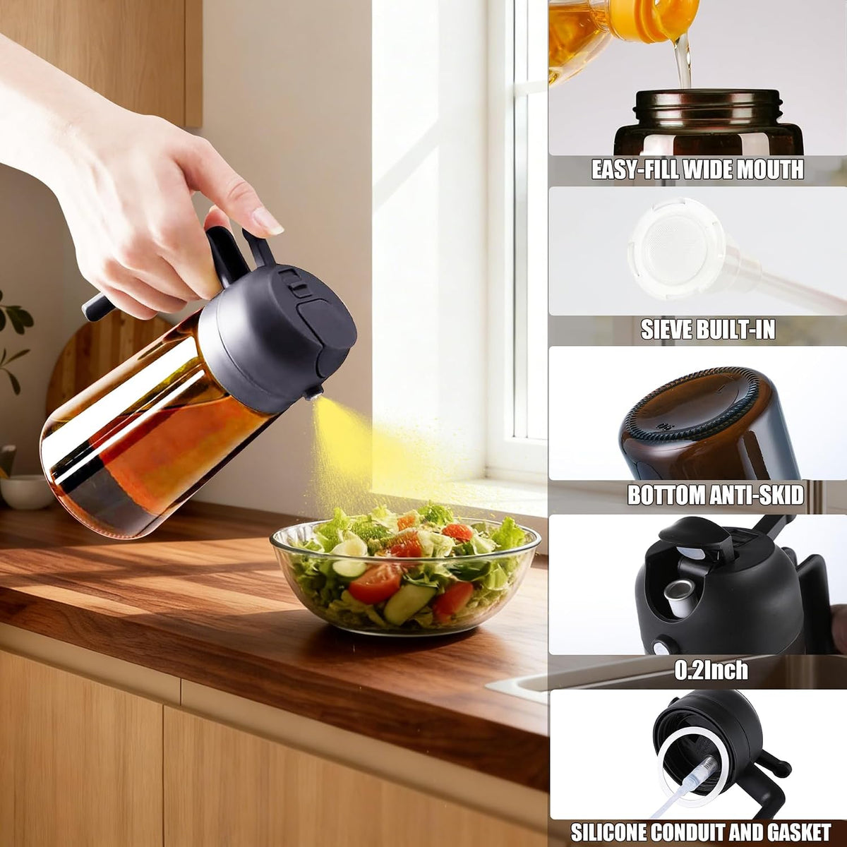 Olive Oil Sprayer & Dispenser Bottle for Cooking 16oz Dark Glass Oil Mister