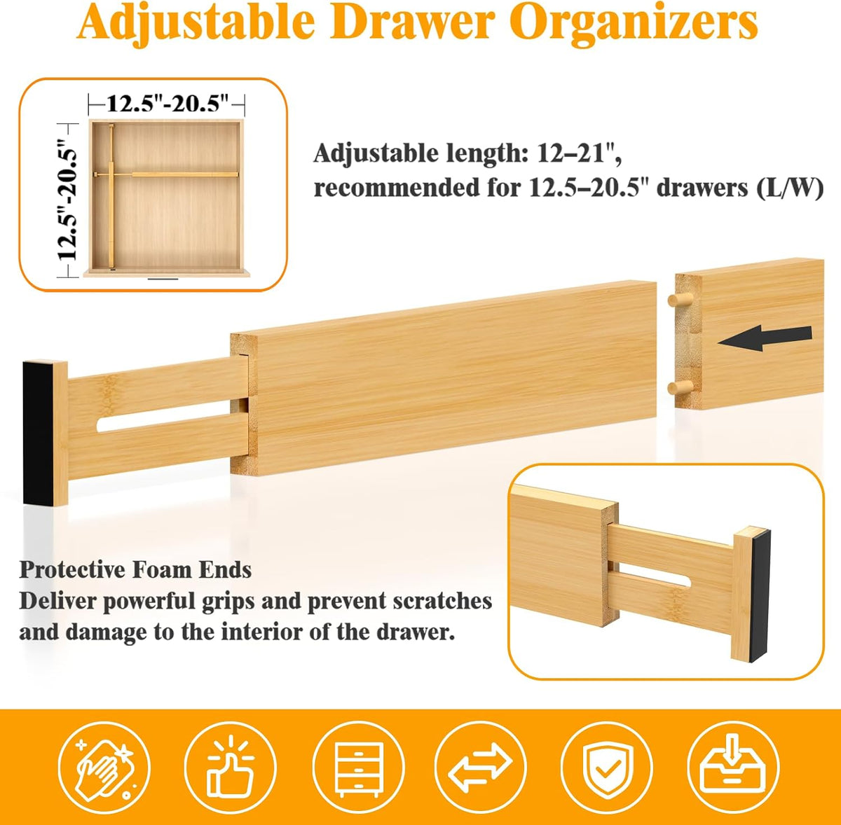 Bamboo Drawer Dividers, 12-21 Inch Kitchen Adjustable Drawer Organizers