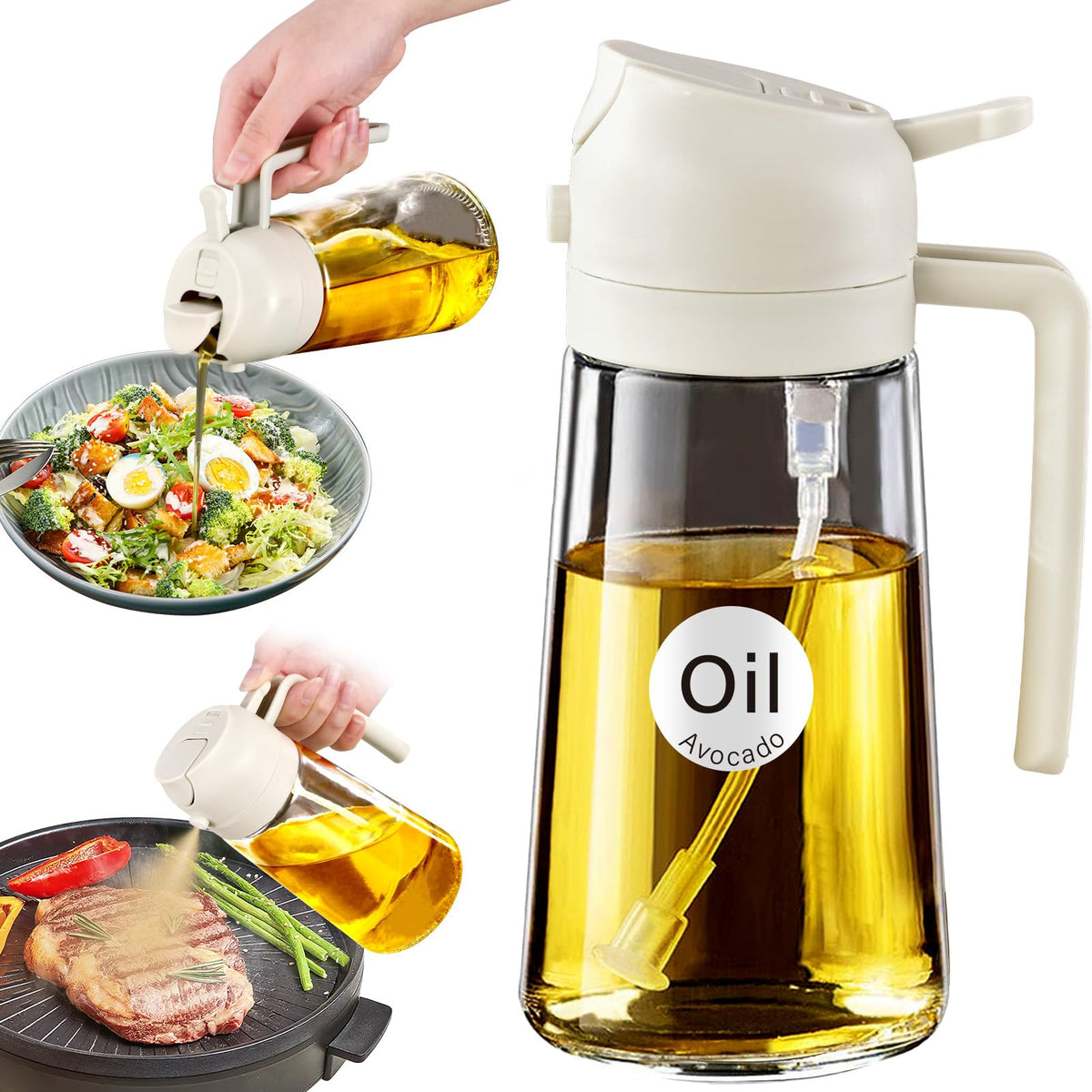YARRAMATE 16oz/470ml Glass Olive Oil Sprayer for Cooking with Stickers, 2 in 1 Oil Dispenser for Kitchen Gadgets, Food Grade Premium Spray Bottle with Portion Control for Salad, Frying, BBQ (Green)